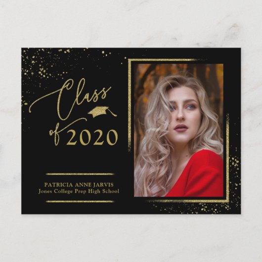 Chic Script Afstudeeraankondiging Festive Goud Gli Briefkaart (Voorkant)