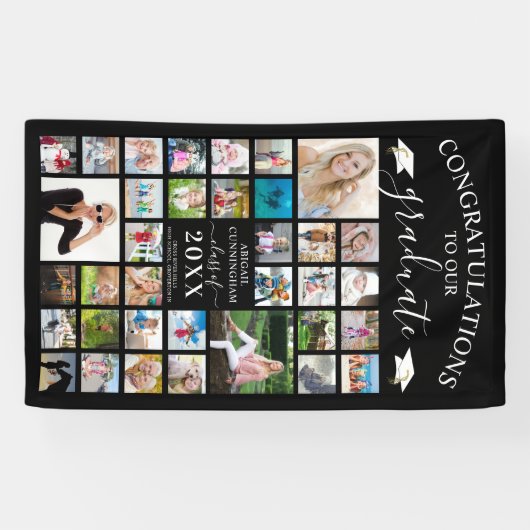 Chic Script Afstuderen 35 Foto Collage Black Spandoek (Horizontaal)