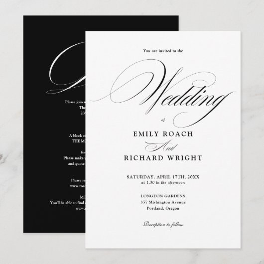 Chic Script All In One Zwart En Wit Huwelijk Kaart (Voorkant / Achterkant)
