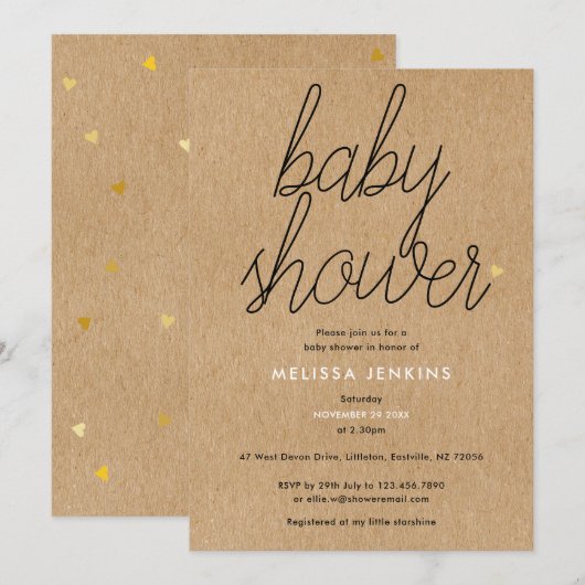 Chic Script Baby Shower Gouden Harten Rustieke Kra Kaart (Voorkant / Achterkant)