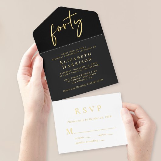 Chic Script Black 40ste verjaardagsfeestje All In One Uitnodiging