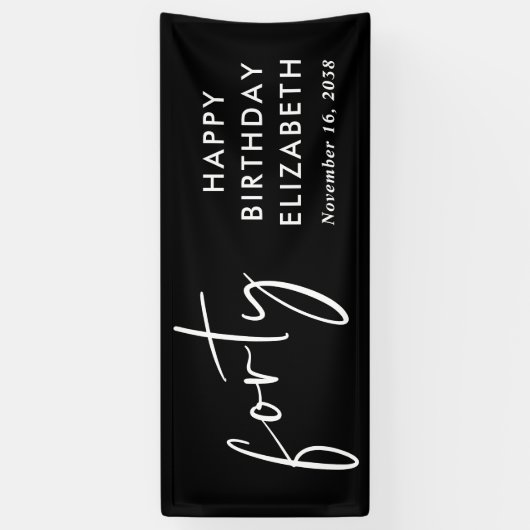 Chic Script Black 40ste verjaardagsfeestje Spandoek (Verticaal)