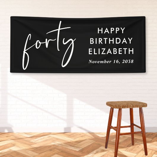 Chic Script Black 40ste verjaardagsfeestje Spandoek