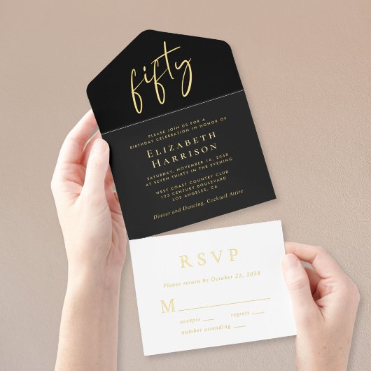 Chic Script Black 50ste verjaardagsfeestje All In One Uitnodiging