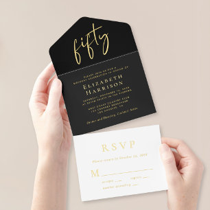 Chic Script Black 50ste verjaardagsfeestje All In One Uitnodiging