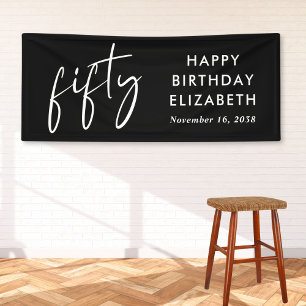 Chic Script Black 50ste verjaardagsfeestje Spandoek