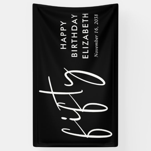 Chic Script Black 50ste verjaardagsfeestje Spandoek (Verticaal)