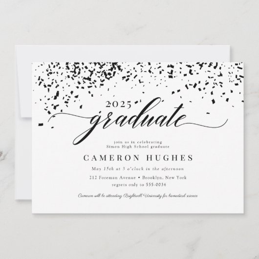 Chic Script Black Confetti Graduation Party Kaart (Voorkant)