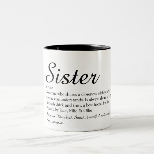 Chic Script Black en White Cool Sister Definition Tweekleurige Koffiemok (Center)