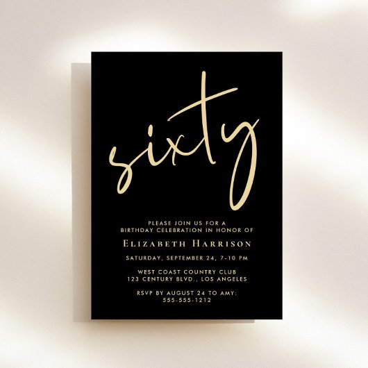 Chic Script Black Gold 60ste Verjaardagsfeestje Kaart