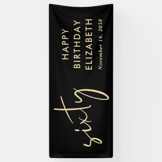 Chic Script Black Gold 60th Birthday Party Spandoek (Verticaal)