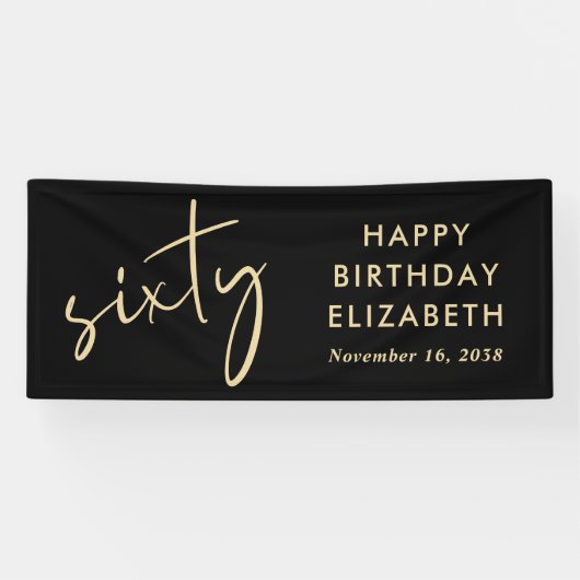 Chic Script Black Gold 60th Birthday Party Spandoek (Horizontaal)