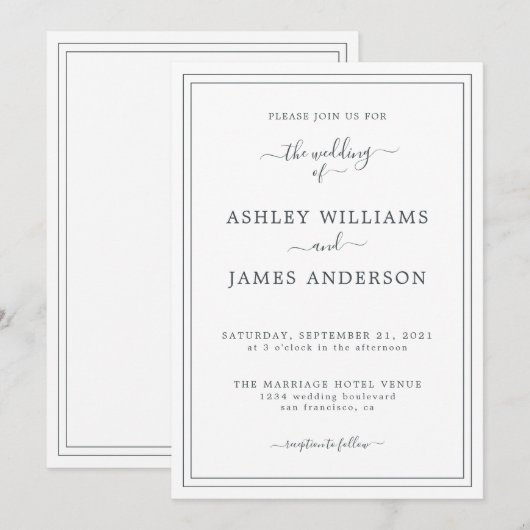 Chic Script Black White Wedding-uitnodiging Kaart (Voorkant / Achterkant)