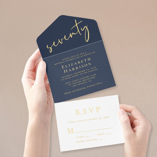 Chic Script Blauw 70ste verjaardagsfeestje All In One Uitnodiging