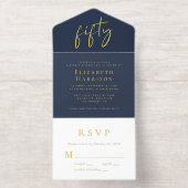 Chic Script Blauwe 50ste Verjaardagsfeestje All In One Uitnodiging (Binnenkant)