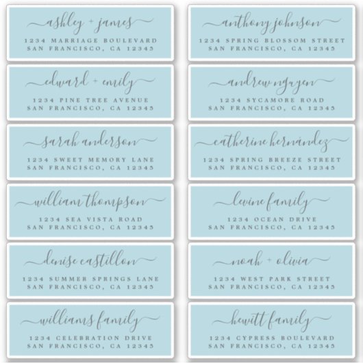 Chic Script Blauwe Huwelijksgast Adreslabels Sticker (Voorkant)