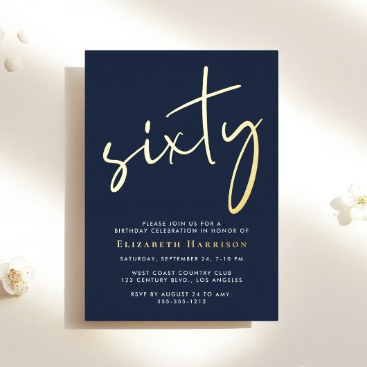 Chic Script Blue 60th Birthday Party Gold Folie Uitnodiging
