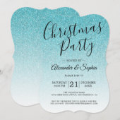 Chic Script Blue Glitter ombre Kerstparty IV Kaart (Voorkant / Achterkant)