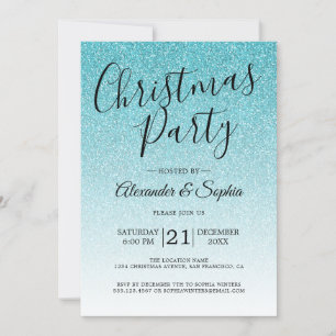 Chic Script Blue Glitter Ombre kerstparty Kaart