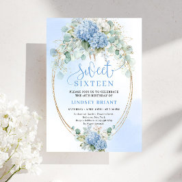 Chic Script Blue Hydrangea Gold Sweet Sixteen Kaart