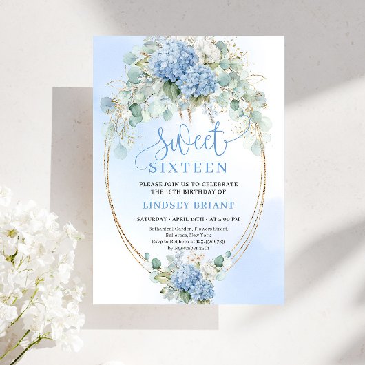 Chic Script Blue Hydrangea Gold Sweet Sixteen Kaart
