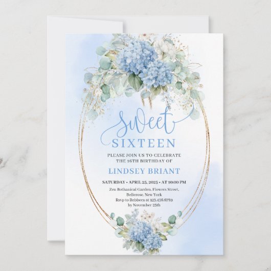 Chic Script Blue Hydrangea Gold Sweet Sixteen Kaart (Voorkant)