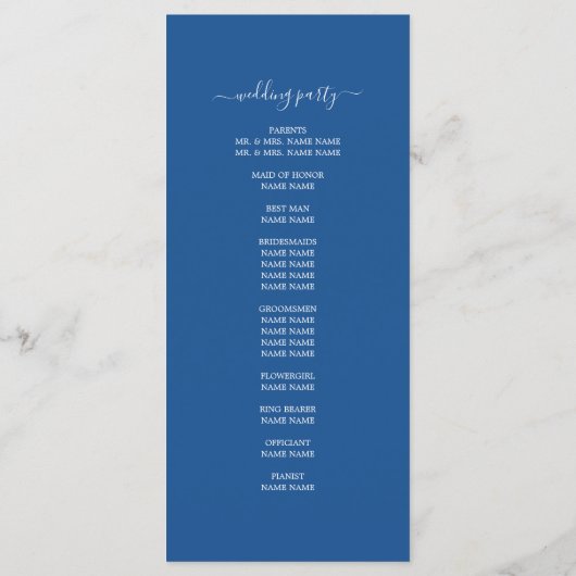 Chic Script Blue Simple Minimal Wedding Programmakaart (Achterkant)