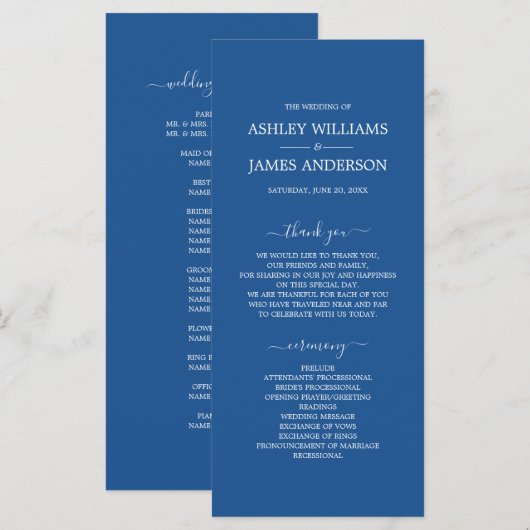 Chic Script Blue Simple Minimal Wedding Programmakaart (Voorkant / Achterkant)