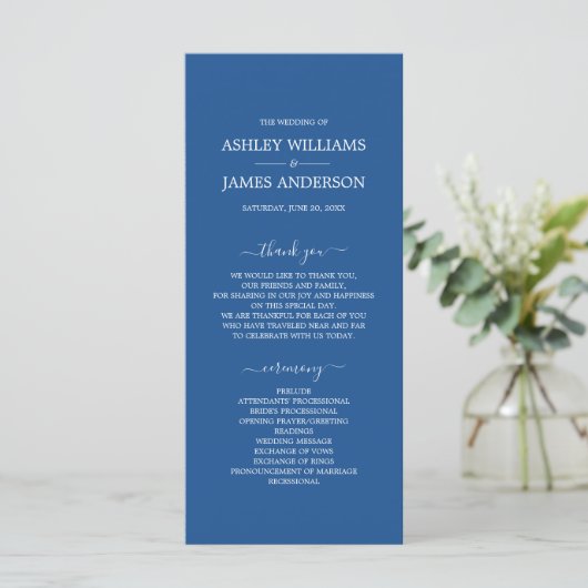 Chic Script Blue Simple Minimal Wedding Programmakaart (Staand voorkant)
