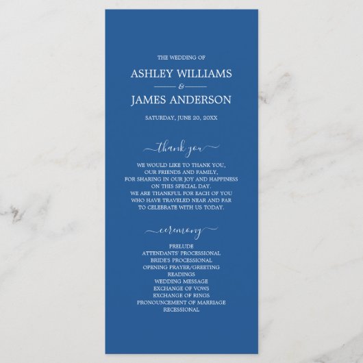 Chic Script Blue Simple Minimal Wedding Programmakaart (Voorkant)