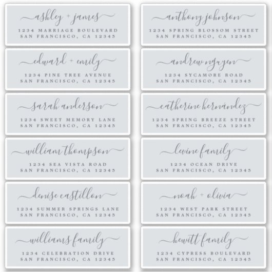 Chic Script Blue Wedding Guest Adresetiketten Sticker (Voorkant)
