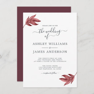 Chic Script Burgundy Leaf Minimal Wedding Kaart