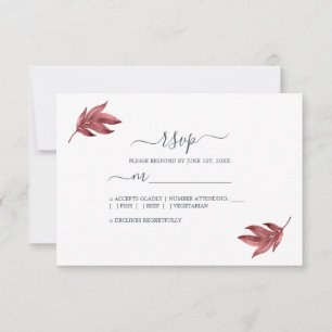 Chic Script Burgundy Leaf Minimal Wedding RSVP Kaartje