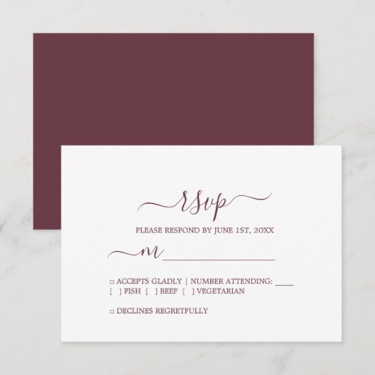Chic Script Burgundy Minimal Wedding RSVP Kaartje (Voorkant / Achterkant)