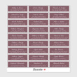 Chic Script Burgundy Wedding Guest Adresetiketten Sticker<br><div class="desc">Eenvoudig te personaliseren, namen en adressen / stickers van het huwelijksadres voor gasten. GROOTTE INDIVIDUELE ETIKETTERS: 0, 85 X 2, 64" Deze smakelijke, moderne en eenvoudige bruiloft-adresetiketten zijn voorzien van uw trouwgastnamen in een wit elegant handgeschreven script, kalligrafie op een woedende achtergrond. Voeg gewoon uw individuele trouwgastennamen en adres toe....</div>