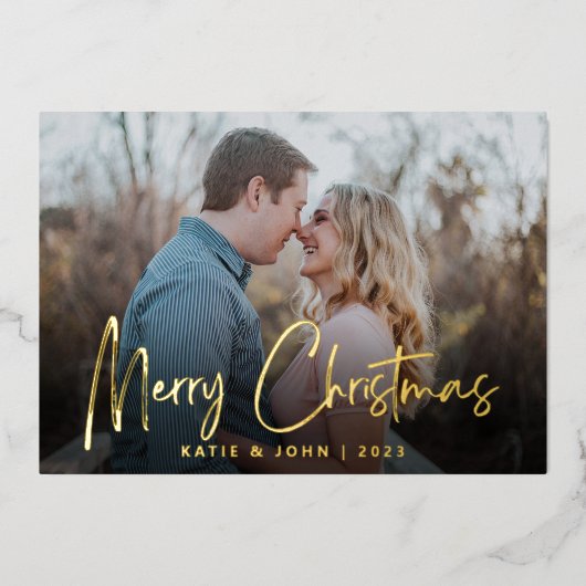 Chic Script Calligraphy kerstparen foto Folie Feestdagenkaart (Voorkant)