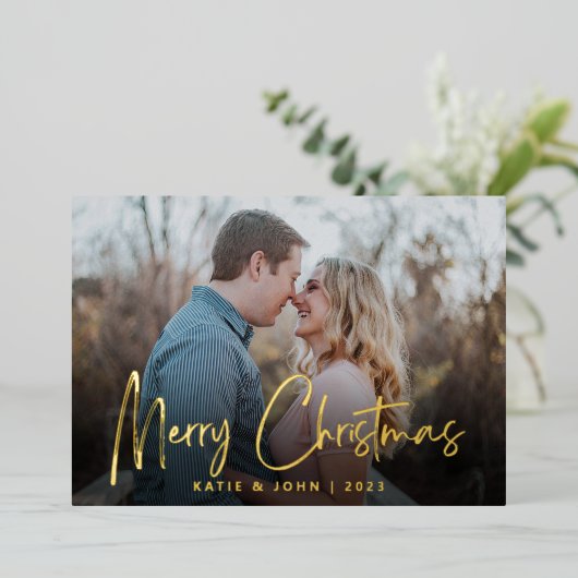 Chic Script Calligraphy kerstparen foto Folie Feestdagenkaart (Staand Voorkant)