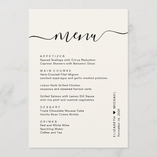 Chic Script Crème Trouwreceptie Menu (Voorkant)