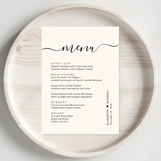 Chic Script Crème Trouwreceptie Menu