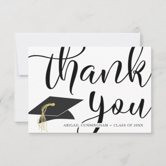 Chic Script DANK U Black White Mortarboard Bedankkaart (Voorkant)