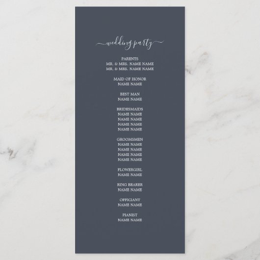 Chic Script Dark Blue Simple Minimal Wedding Programmakaart (Achterkant)