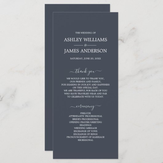 Chic Script Dark Blue Simple Minimal Wedding Programmakaart (Voorkant / Achterkant)