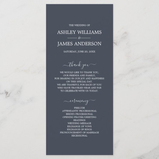 Chic Script Dark Blue Simple Minimal Wedding Programmakaart (Voorkant)