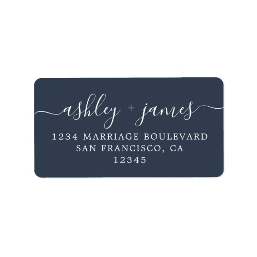 Chic Script Donkerblauw Huwelijk Retouradres Label (Voorkant)