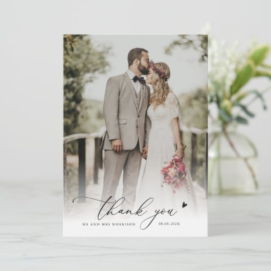 chic script eenvoudige foto bruiloft bedankt (Staand voorkant)