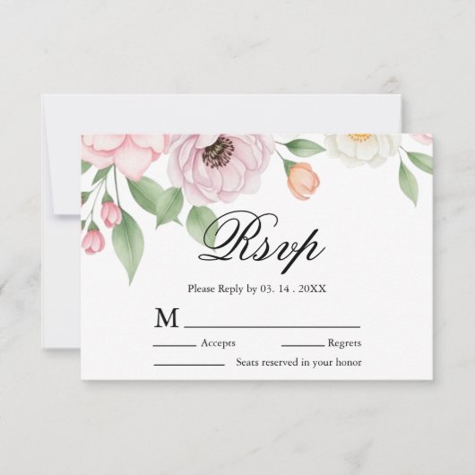 Chic Script Elegante Pastel Pioen Huwelijksreactie RSVP Kaartje (Voorkant)