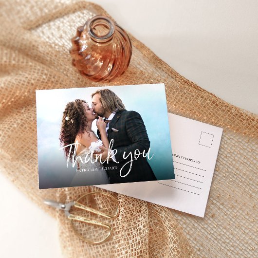 Chic Script Elegante Trouwfoto Dankjewel Briefkaart