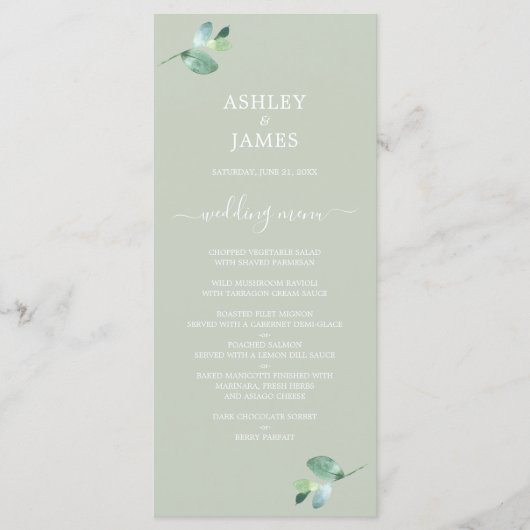 Chic Script Eucalyptus Foliage Green Wedding Menu (Voorkant)