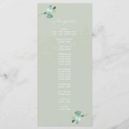Chic Script Eucalyptus Foliage Green Wedding Programmakaart (Achterkant)