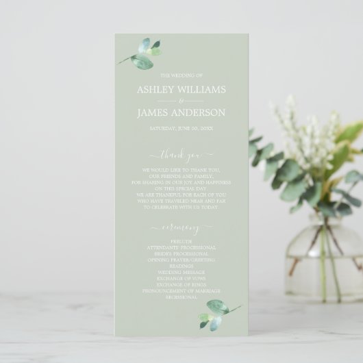 Chic Script Eucalyptus Foliage Green Wedding Programmakaart (Staand voorkant)